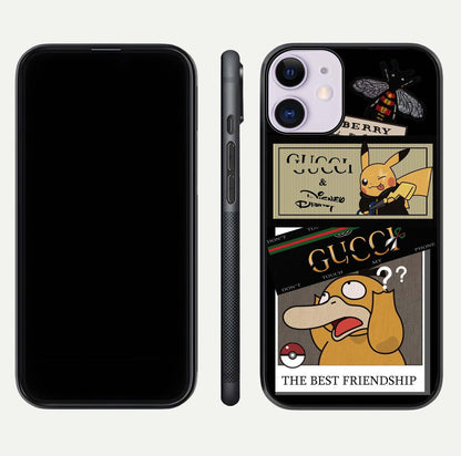 Cartoon Brand Play Mashup Glass Case for iPhone 11 front and back view layout highlighting multi-logo artwork and curved edges