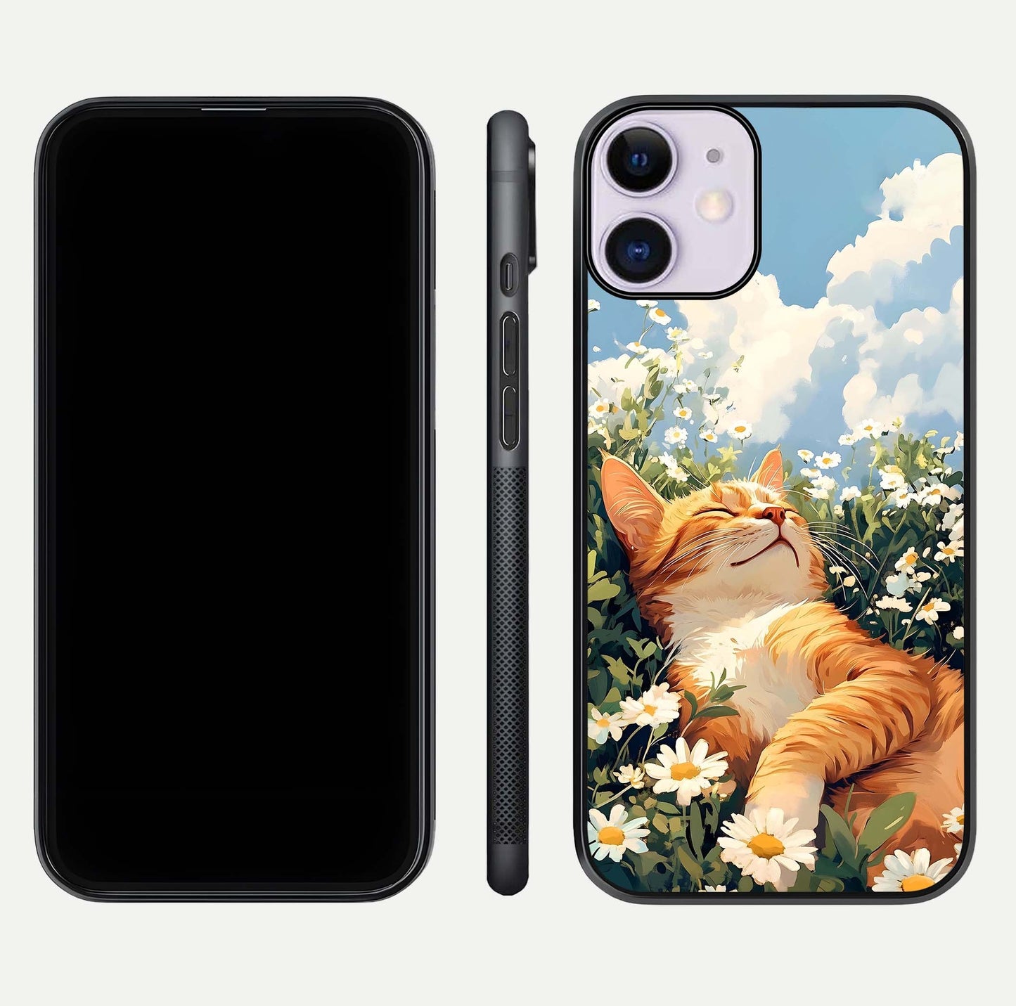 Cat & Flowers View Glass Case for iPhone 11 front-and-back layout showing floral balance and gloss surface
