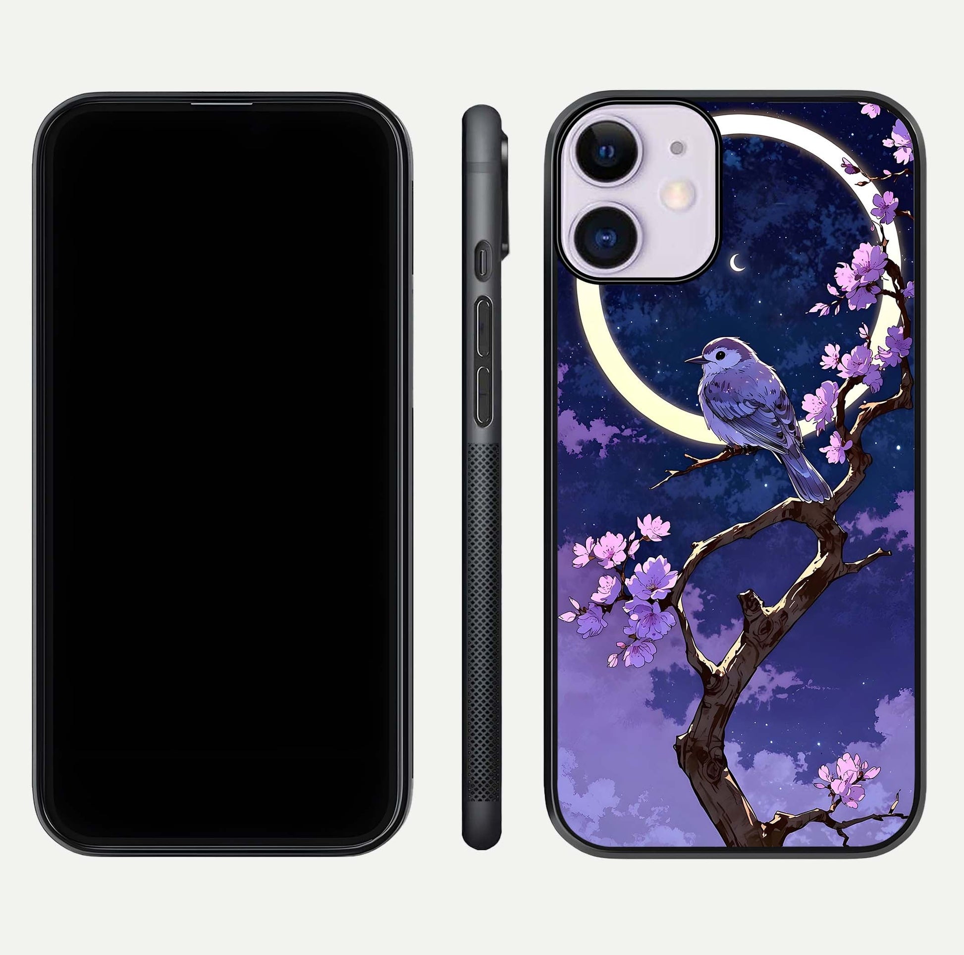 Celestial Bird Blossom Glass Case for iPhone 11 dual-view layout showing art composition and edge clarity