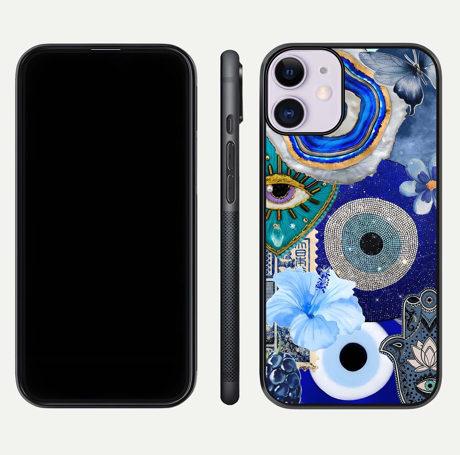 Celestial Blue Vision Glass Case for iPhone 11 dual-view layout showing celestial gradient and curved edges