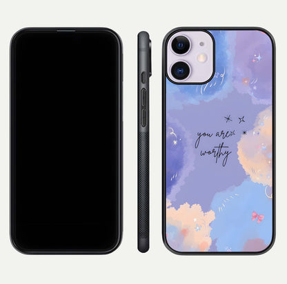 Celestial Cloud Magic Glass Case for iPhone 11 dual-view layout showcasing soft color transition and gloss shine