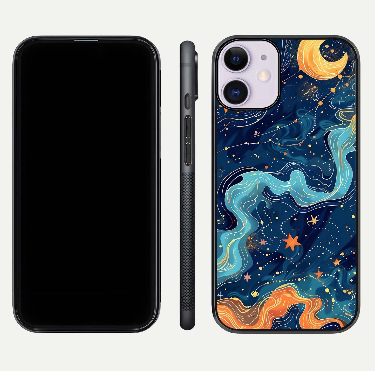 Celestial Dream Flow Glass Case for iPhone 11 dual-view layout showing abstract flow and curved glass