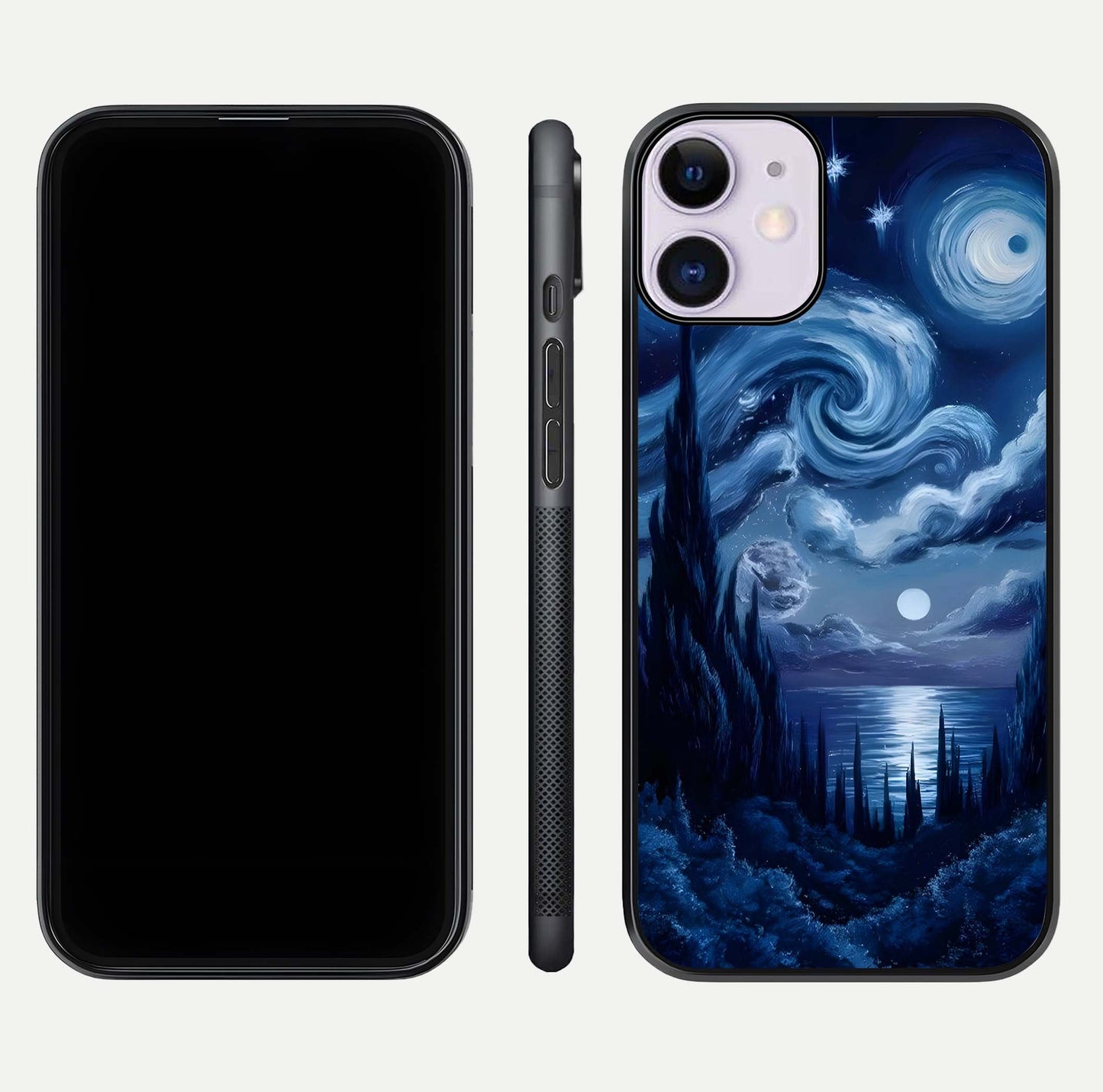 Celestial Dream Van Gogh Glass Case for iPhone 11 dual-view layout displaying art texture and glass polish