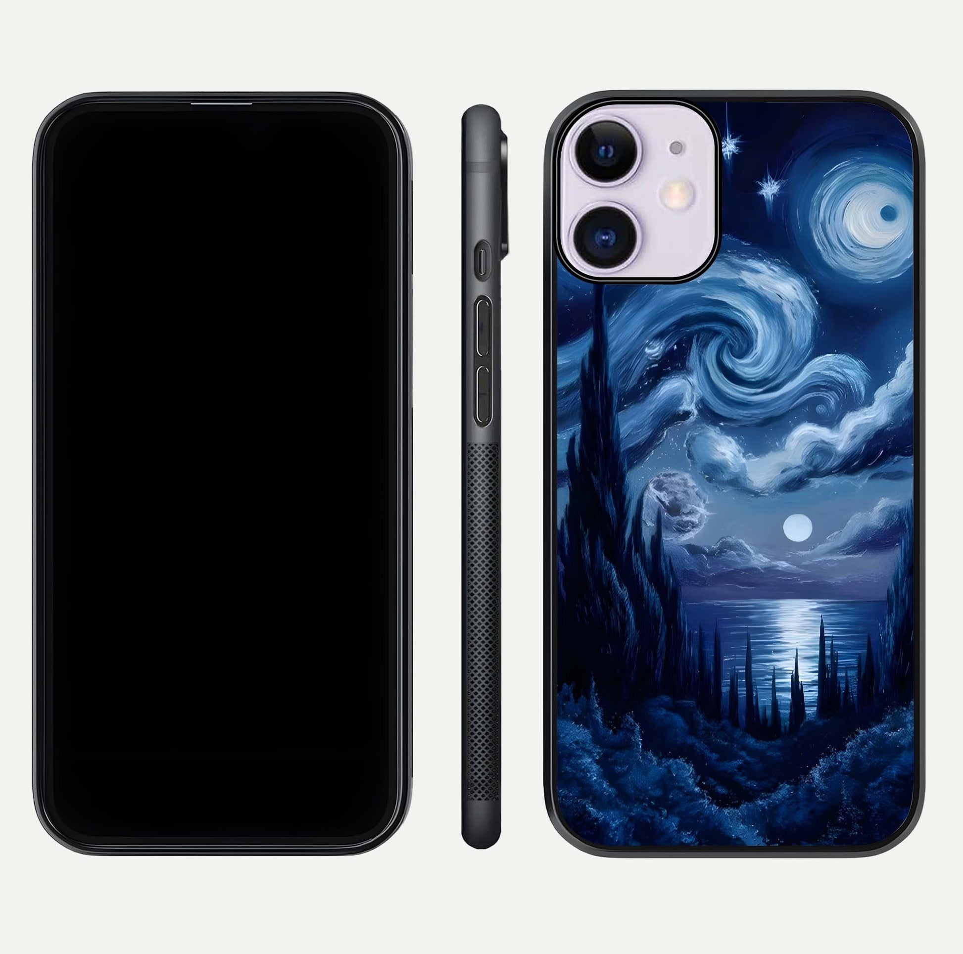 Celestial Dream Van Gogh Glass Case for iPhone 11 dual-view layout displaying art texture and glass polish