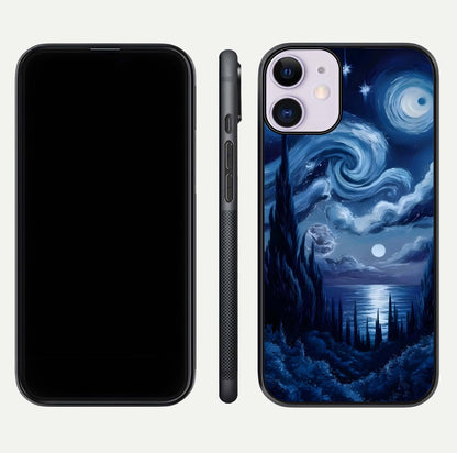 Celestial Dream Van Gogh Glass Case for iPhone 11 dual-view layout displaying art texture and glass polish
