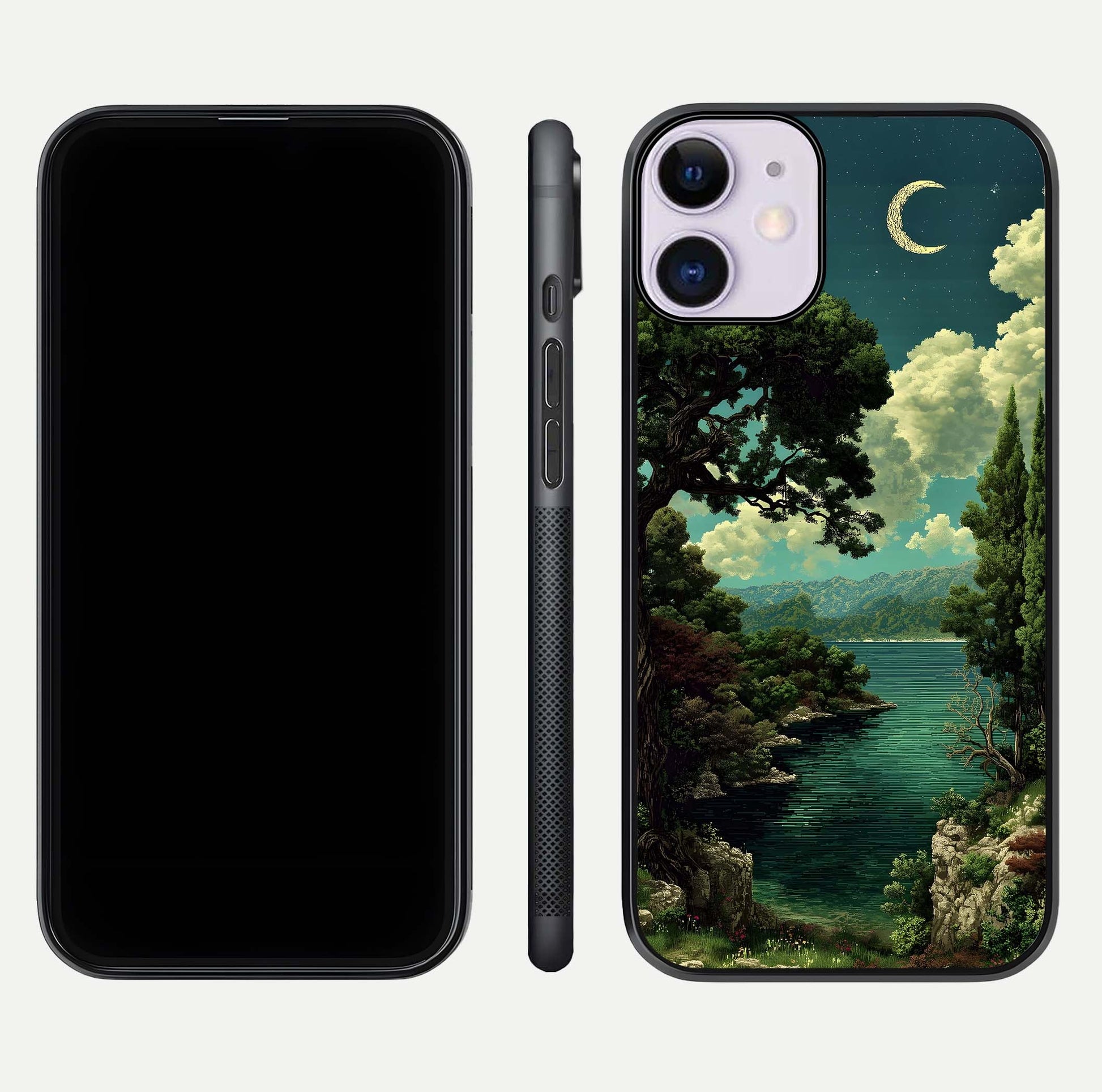 Celestial Lake Peace Glass Case for iPhone 11 dual-view layout showing soft hues and HD shine