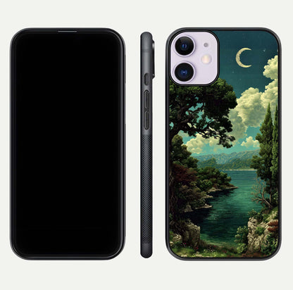 Celestial Lake Peace Glass Case for iPhone 11 dual-view layout showing soft hues and HD shine
