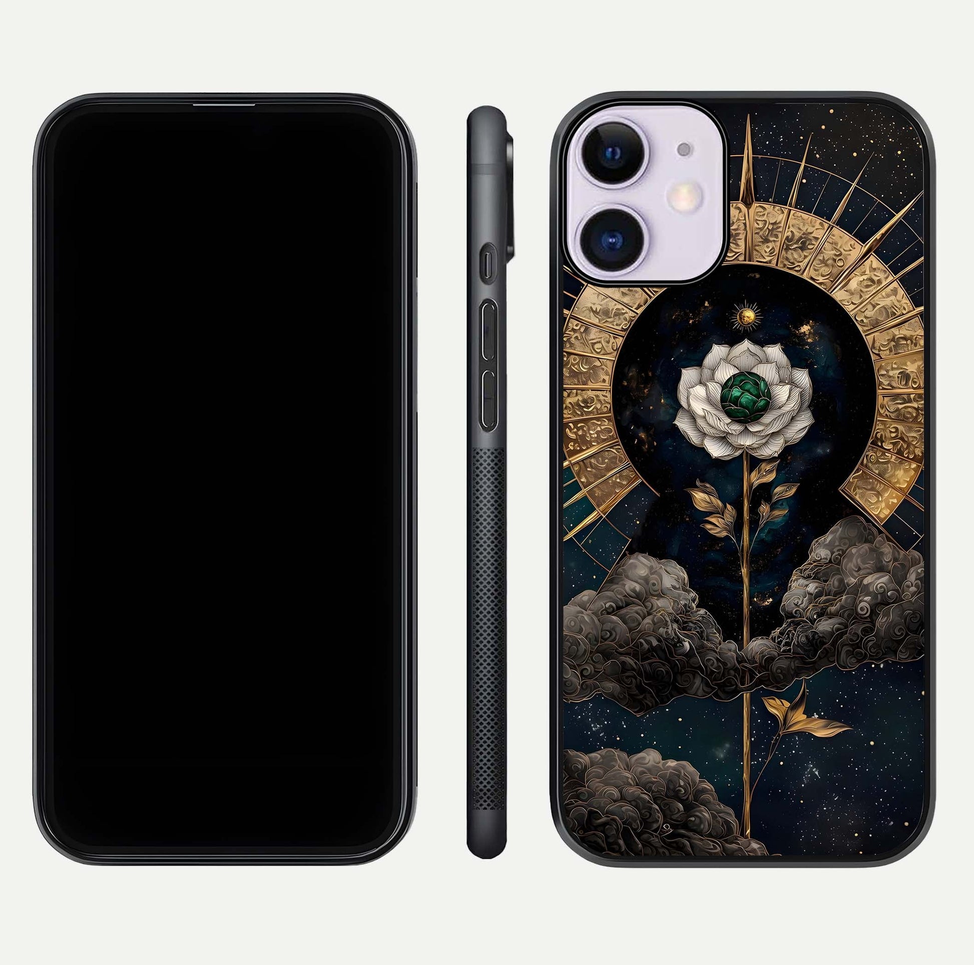 Celestial Lotus Morang Glass Case for iPhone 11 dual-view layout displaying floral symmetry and polished edges