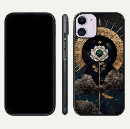 Celestial Lotus Morang Glass Case for iPhone 11 dual-view layout displaying floral symmetry and polished edges