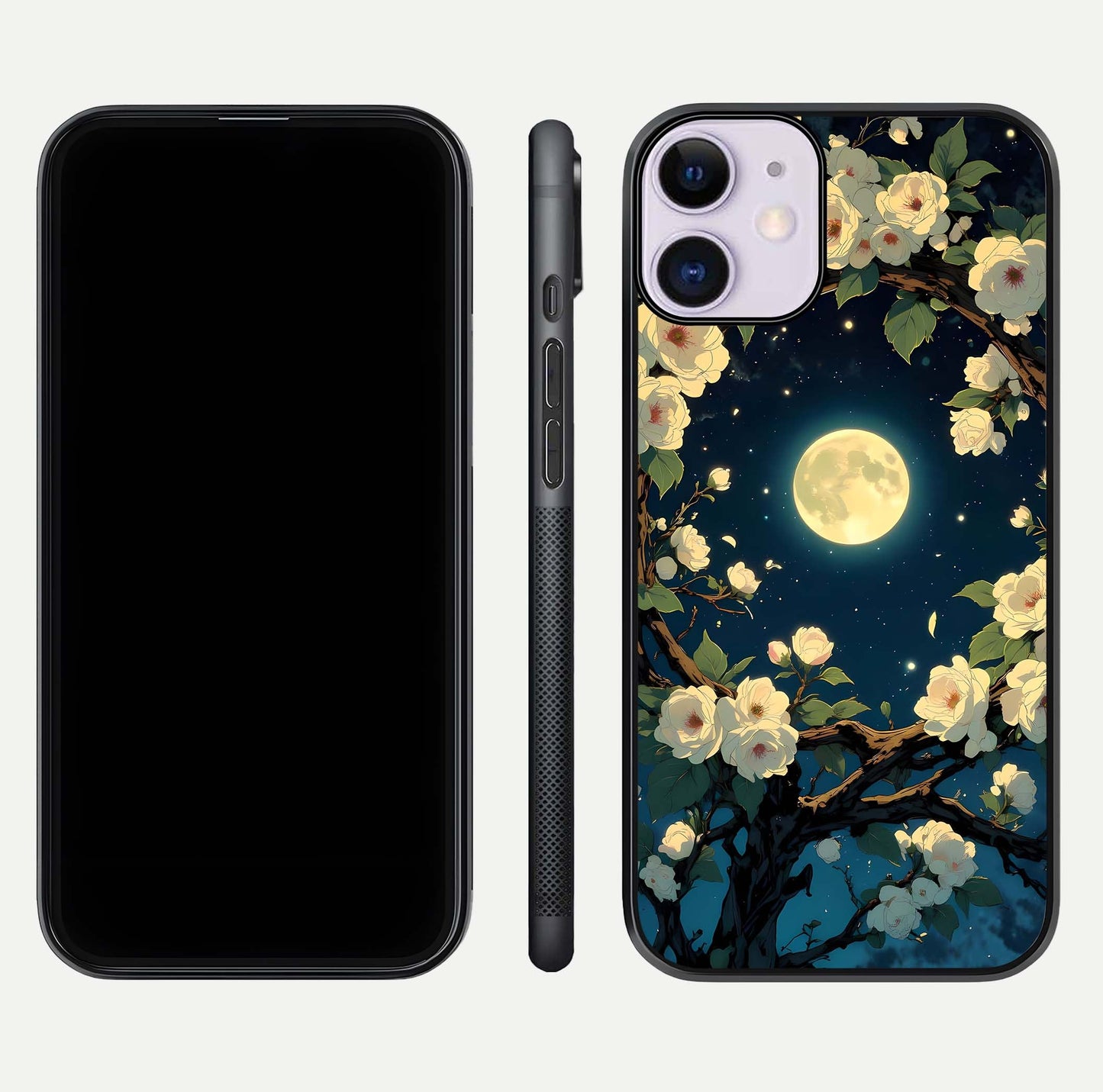 Celestial Moon & Flower Glass Case for iPhone 11 dual-view layout showing balanced lunar art and gloss tone