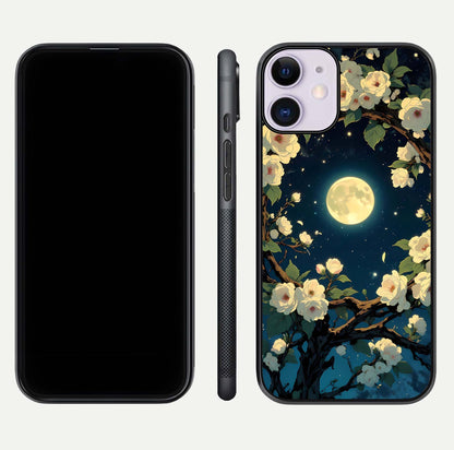 Celestial Moon & Flower Glass Case for iPhone 11 dual-view layout showing balanced lunar art and gloss tone