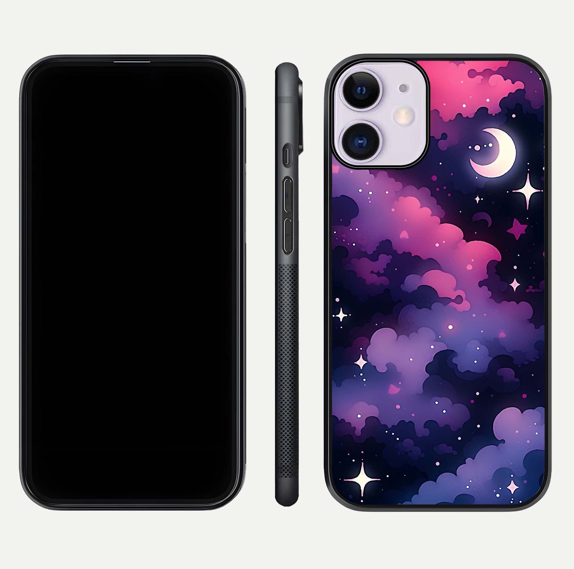 Celestial Moon Magic Glass Case for iPhone 11 dual-view layout displaying lunar design and sleek edges
