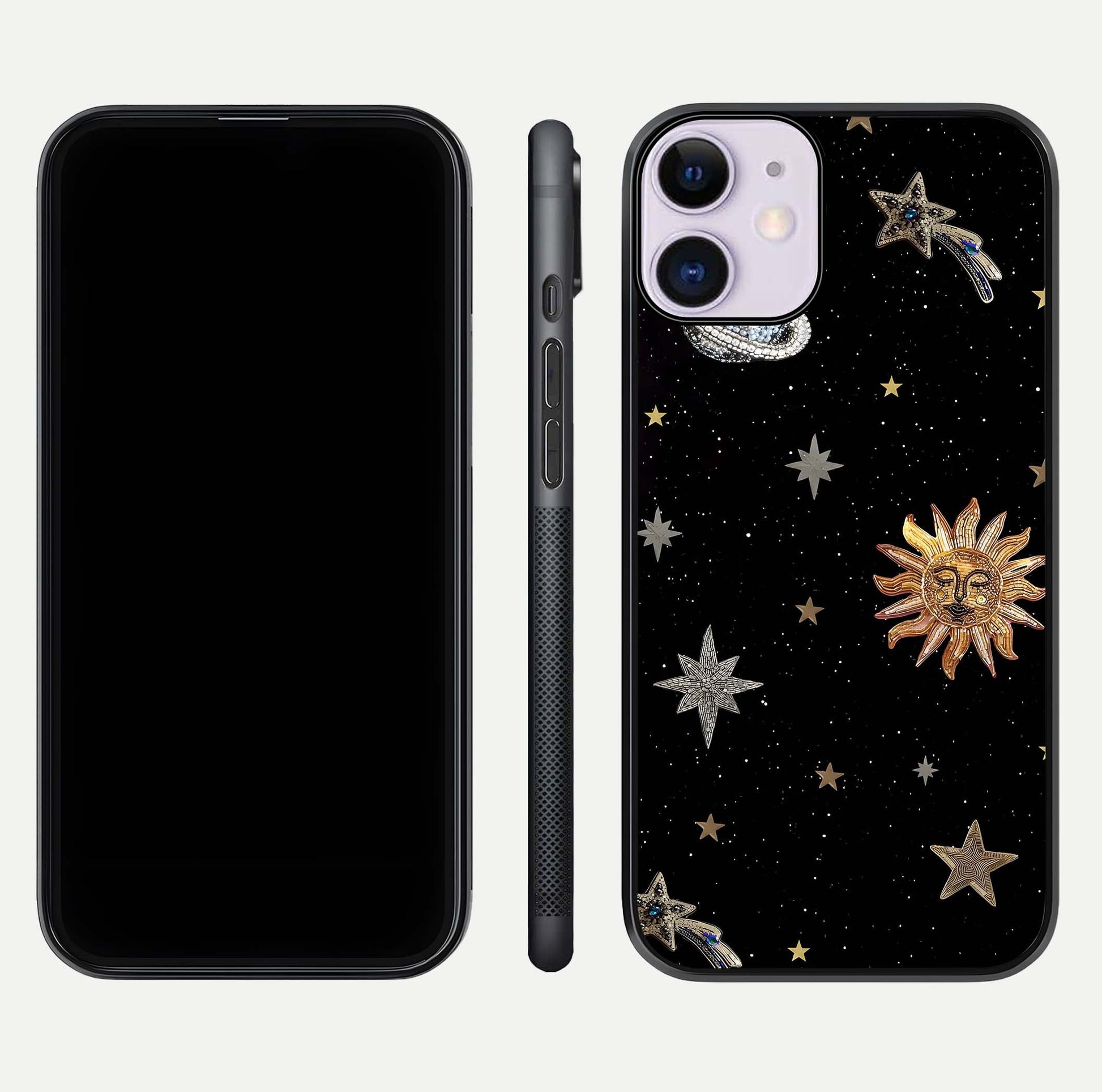 Celestial Moon With Stars Glass Case for iPhone 11 front-and-back layout displaying lunar art and premium finish