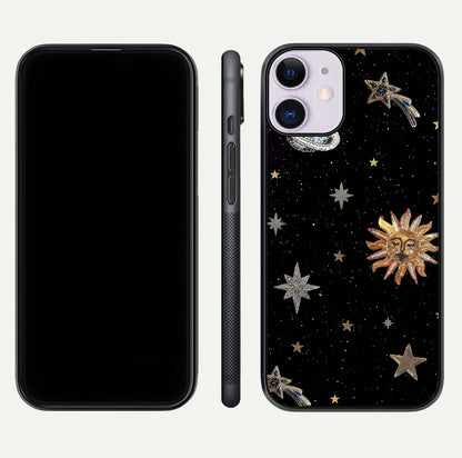 Celestial Moon With Stars Glass Case for iPhone 11 front-and-back layout displaying lunar art and premium finish