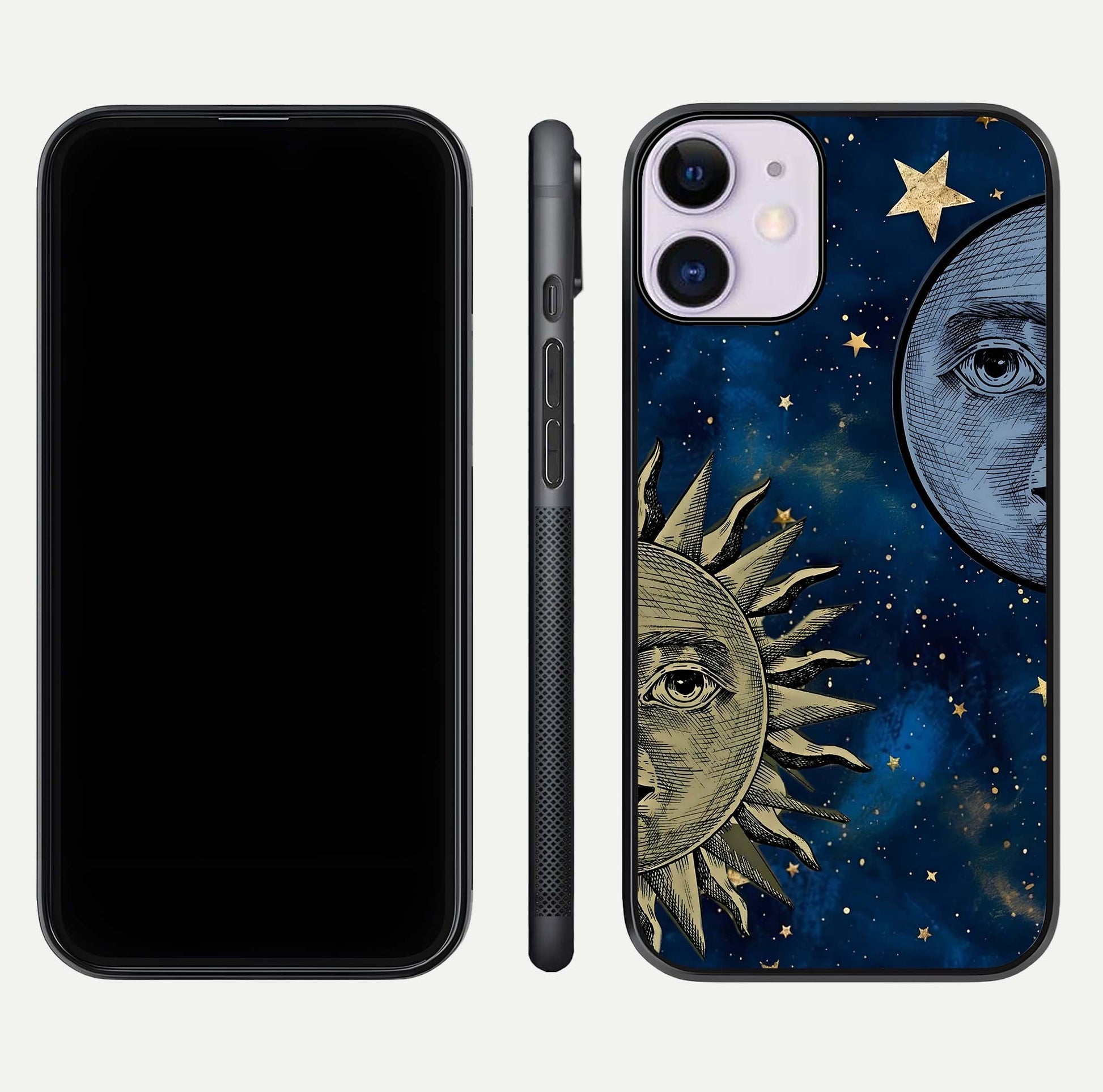 Celestial Moon With Sun Glass Case for iPhone 11 dual-view layout showing luminous pattern and curved edges