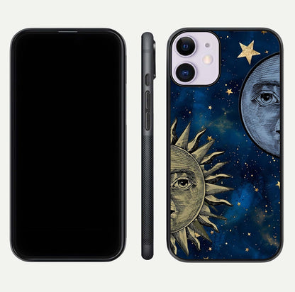 Celestial Moon With Sun Glass Case for iPhone 11 dual-view layout showing luminous pattern and curved edges