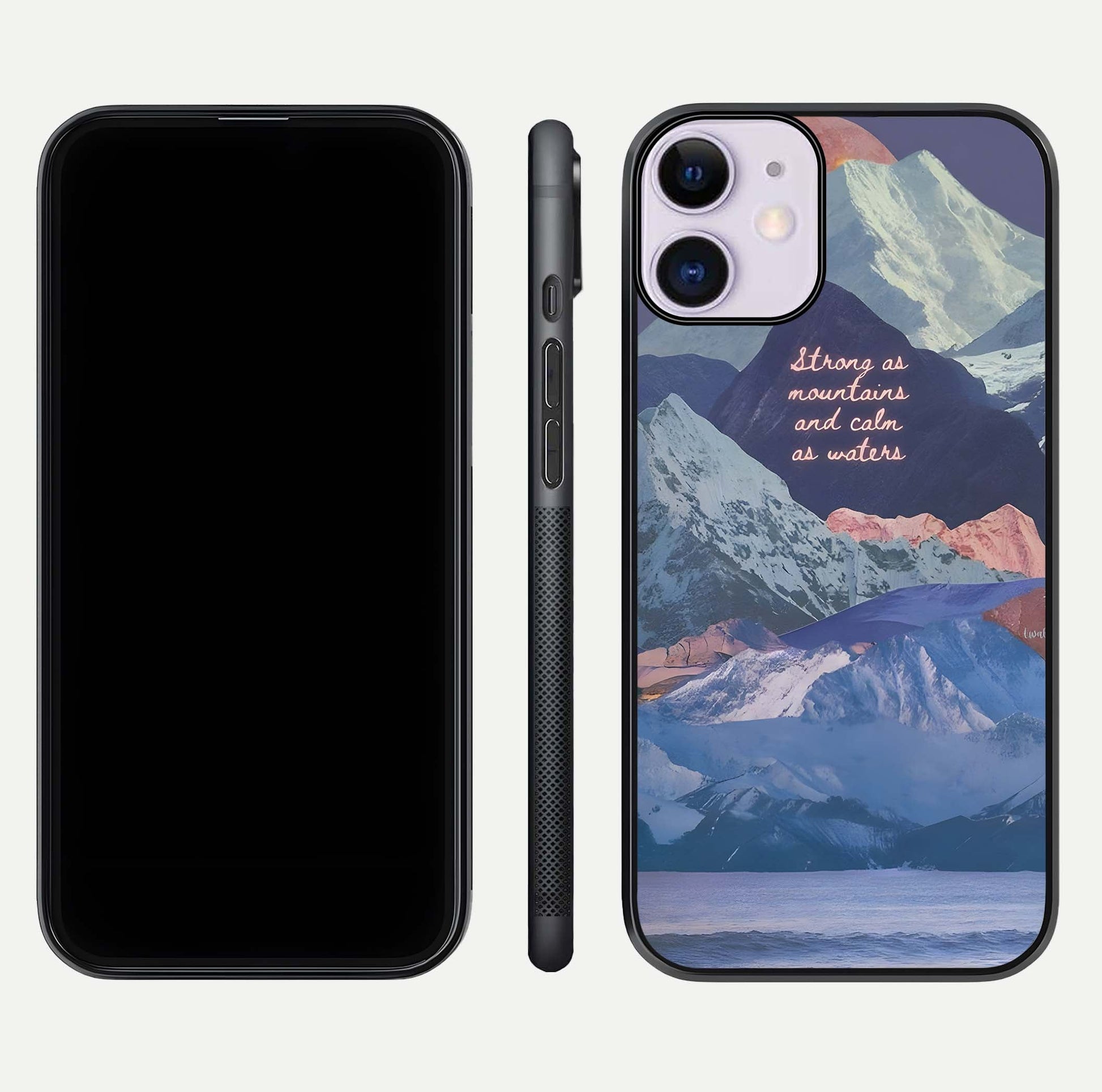 Celestial Mountain Calm Glass Case for iPhone 11 dual-view layout displaying scenic tones and curved finish