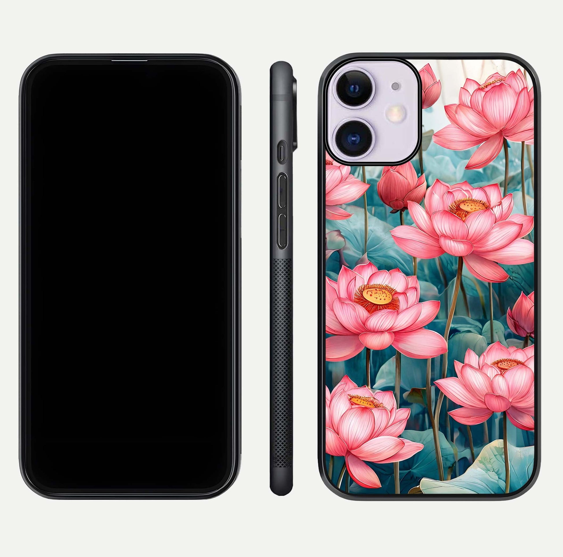 Celestial Pink Lotus Glass Case for iPhone 11 dual-view layout showing floral center and smooth edges