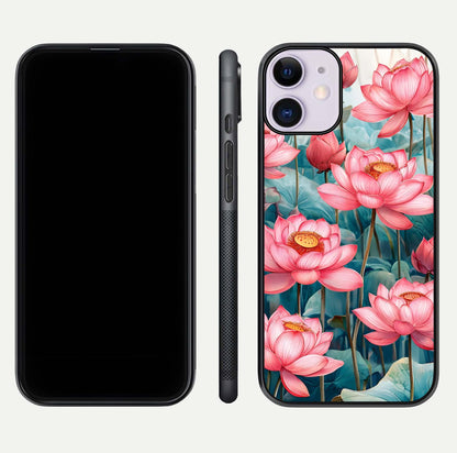 Celestial Pink Lotus Glass Case for iPhone 11 dual-view layout showing floral center and smooth edges