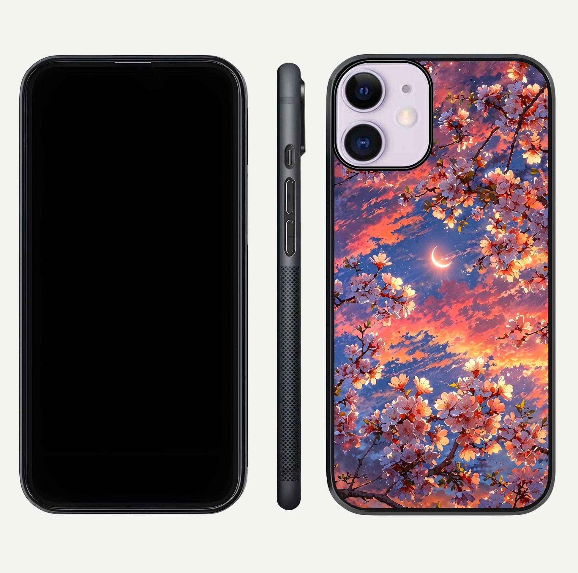 Celestial Sakura Sunset Glass Case for iPhone 11 dual-view layout showing floral gradient and reflection polish