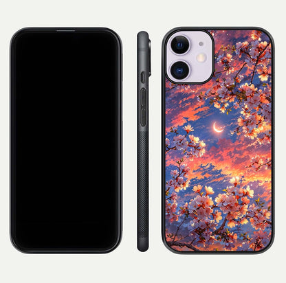 Celestial Sakura Sunset Glass Case for iPhone 11 dual-view layout showing floral gradient and reflection polish