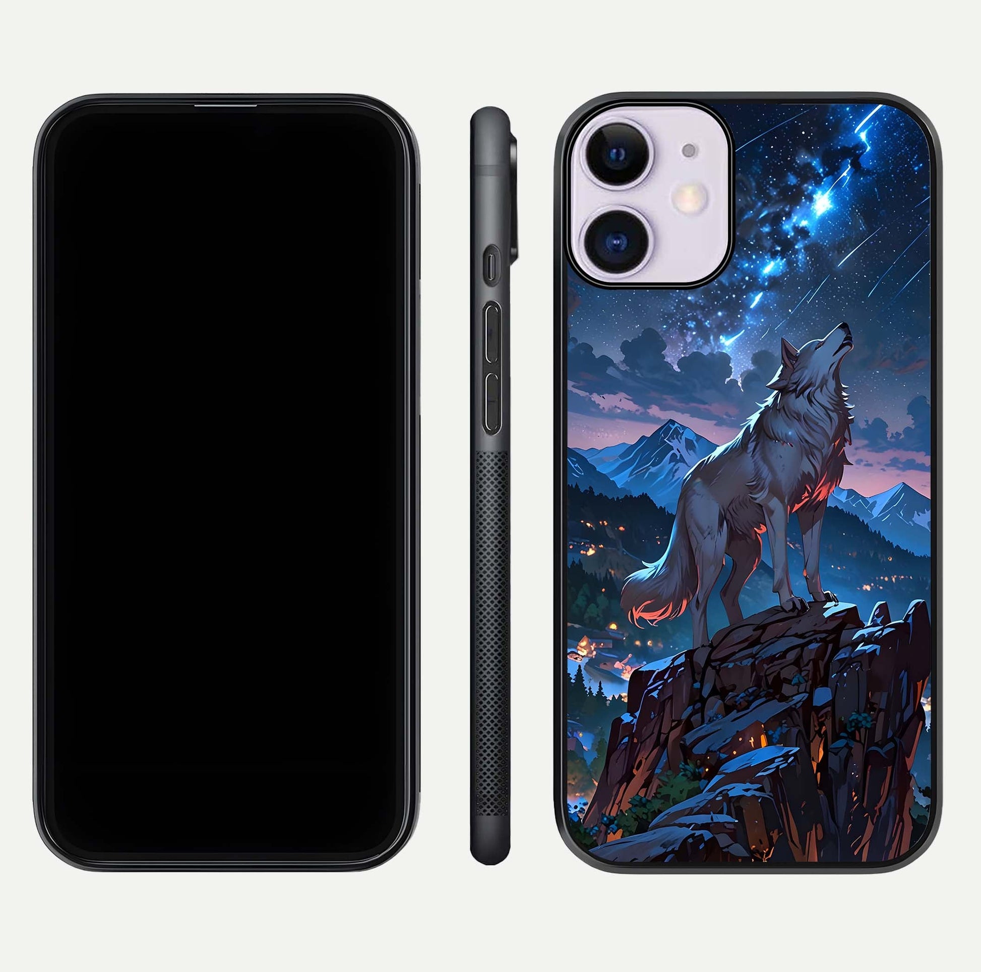 Celestial Wolf Howl Glass Case for iPhone 11 dual-view layout displaying night tones and protective glass edges