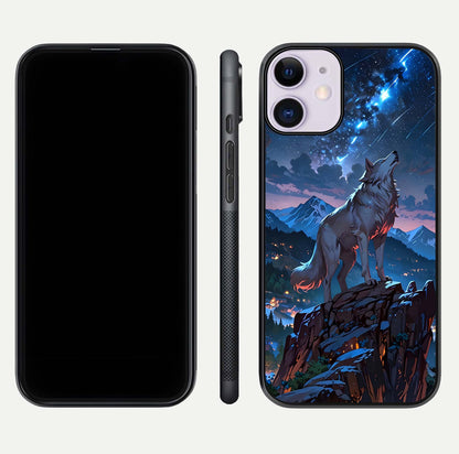 Celestial Wolf Howl Glass Case for iPhone 11 dual-view layout displaying night tones and protective glass edges