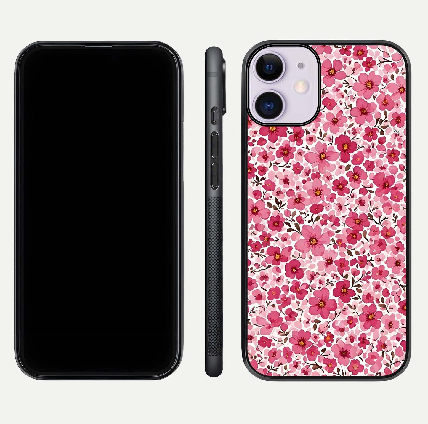 Cherry Blossom Charm Glass Case for iPhone 11 dual-view layout showing elegant floral balance and HD gloss