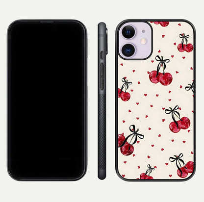Cherry Heart Bow Glass Case for iPhone 11 front-and-back view showing design clarity and edge protection