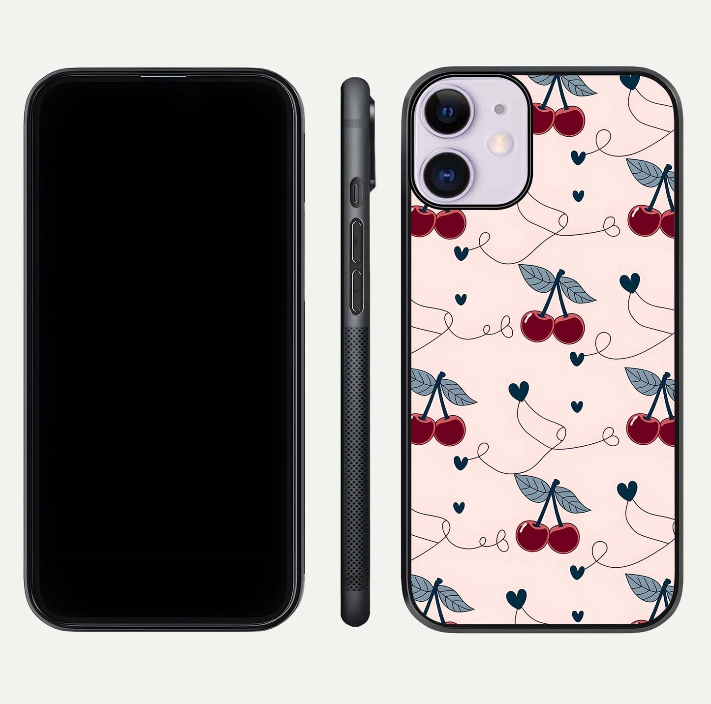Cherry Heart Line Glass Case for iPhone 11 dual-view layout displaying minimal cherry motif and edge design