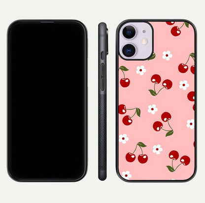 Cherry Love Mood Glass Case for iPhone 11 dual-view layout showing design alignment and curved edges