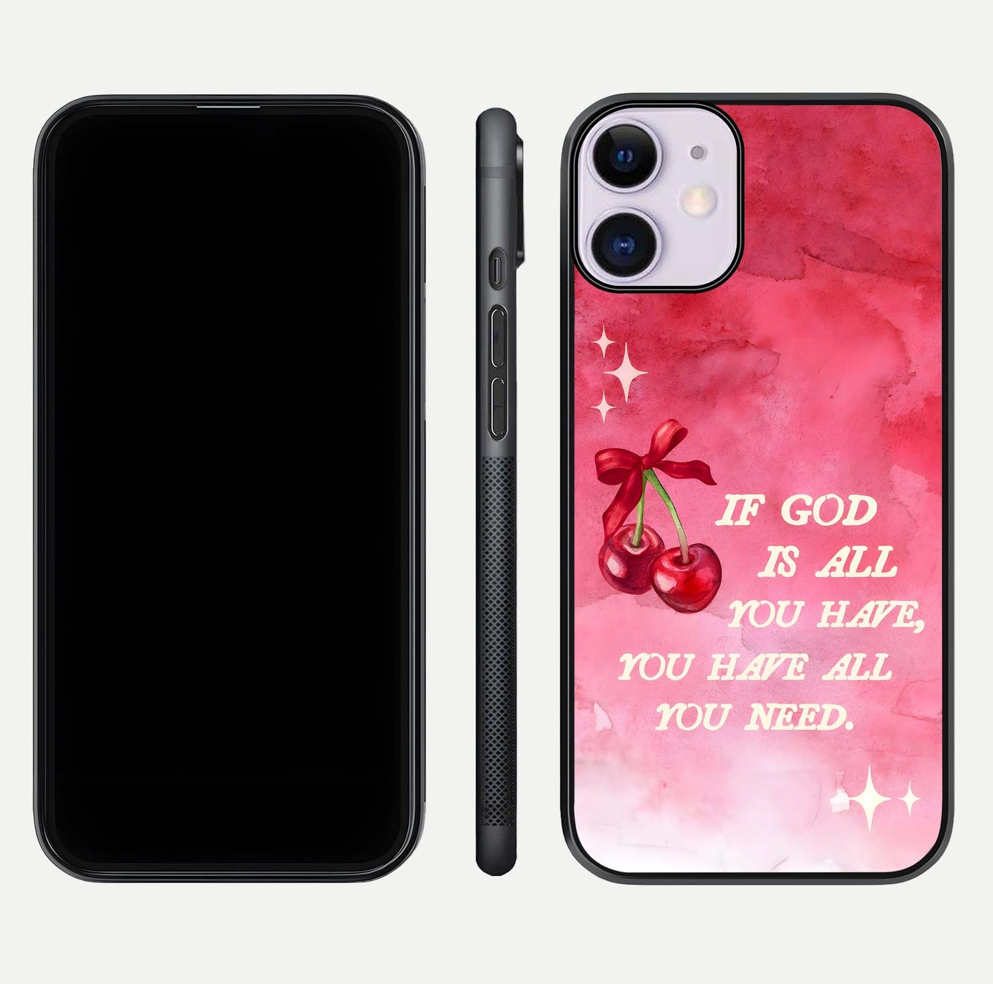 Cherry Quote Glass Case for iPhone 11 dual-view layout showing red cherry tones and text balance