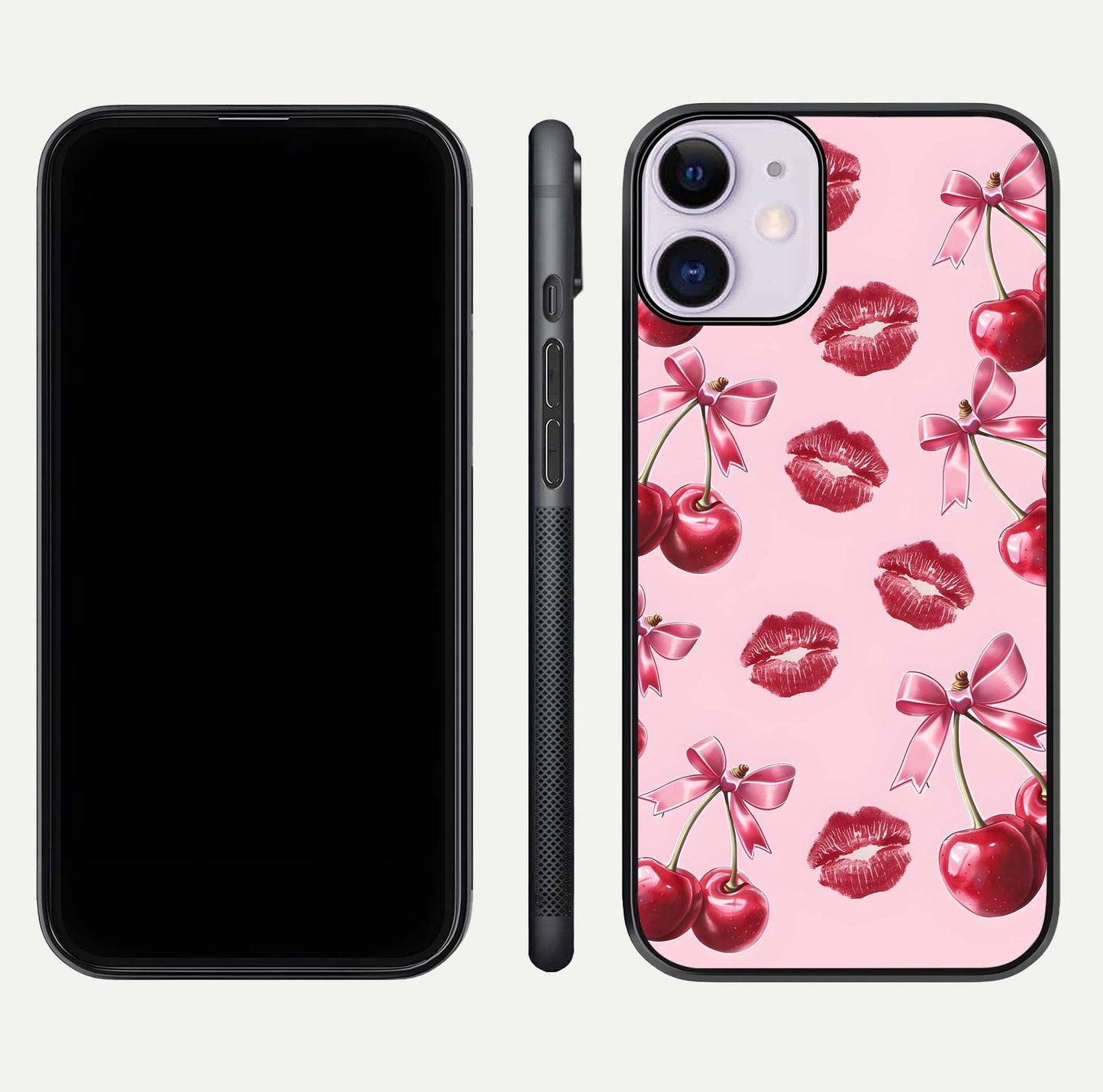 Cherry With Lips Glass Case for iPhone 11 front-and-back layout displaying detailed design and glass finish