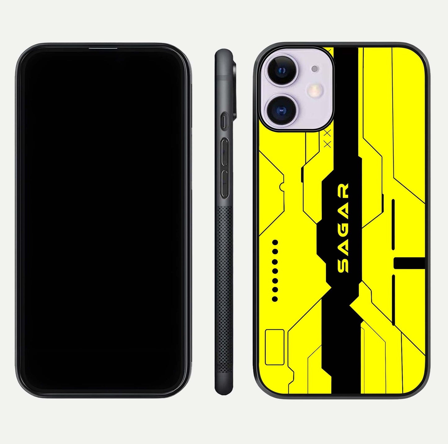 Circuit CYBERPUNK Custom Name Glass Case for iPhone 11 dual-view layout showing bold tech art and edge clarity
