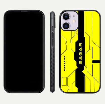 Circuit CYBERPUNK Custom Name Glass Case for iPhone 11 dual-view layout showing bold tech art and edge clarity