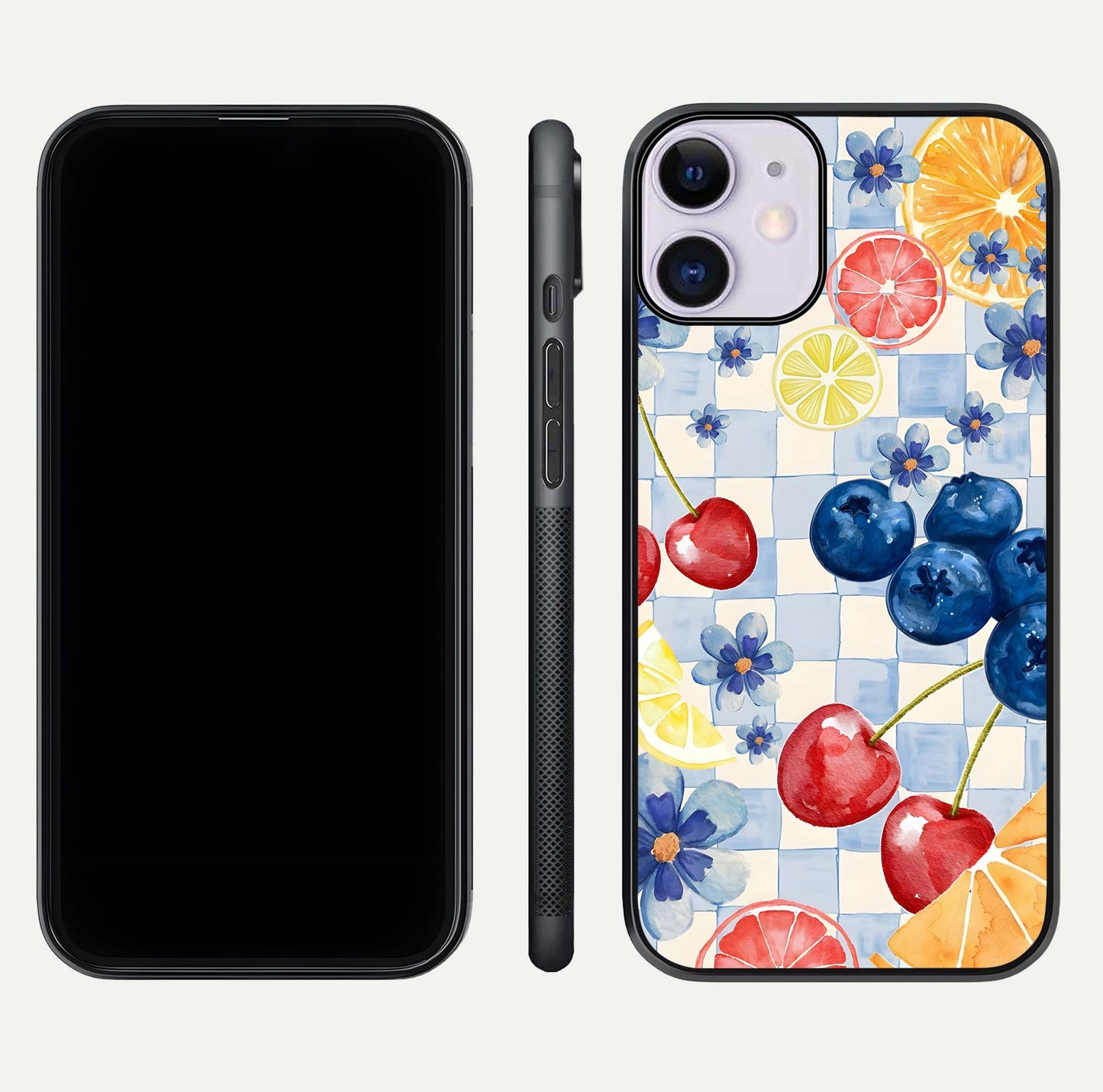 Citrus Bloom Joy Glass Case for iPhone 11 dual-view layout displaying colorful print and smooth edges