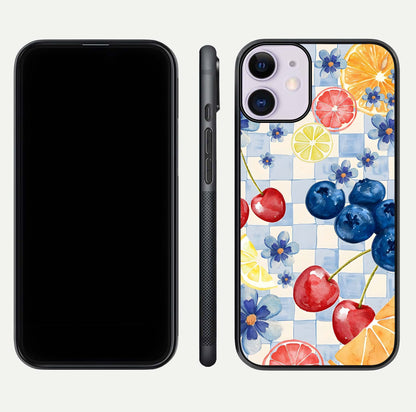 Citrus Bloom Joy Glass Case for iPhone 11 dual-view layout displaying colorful print and smooth edges