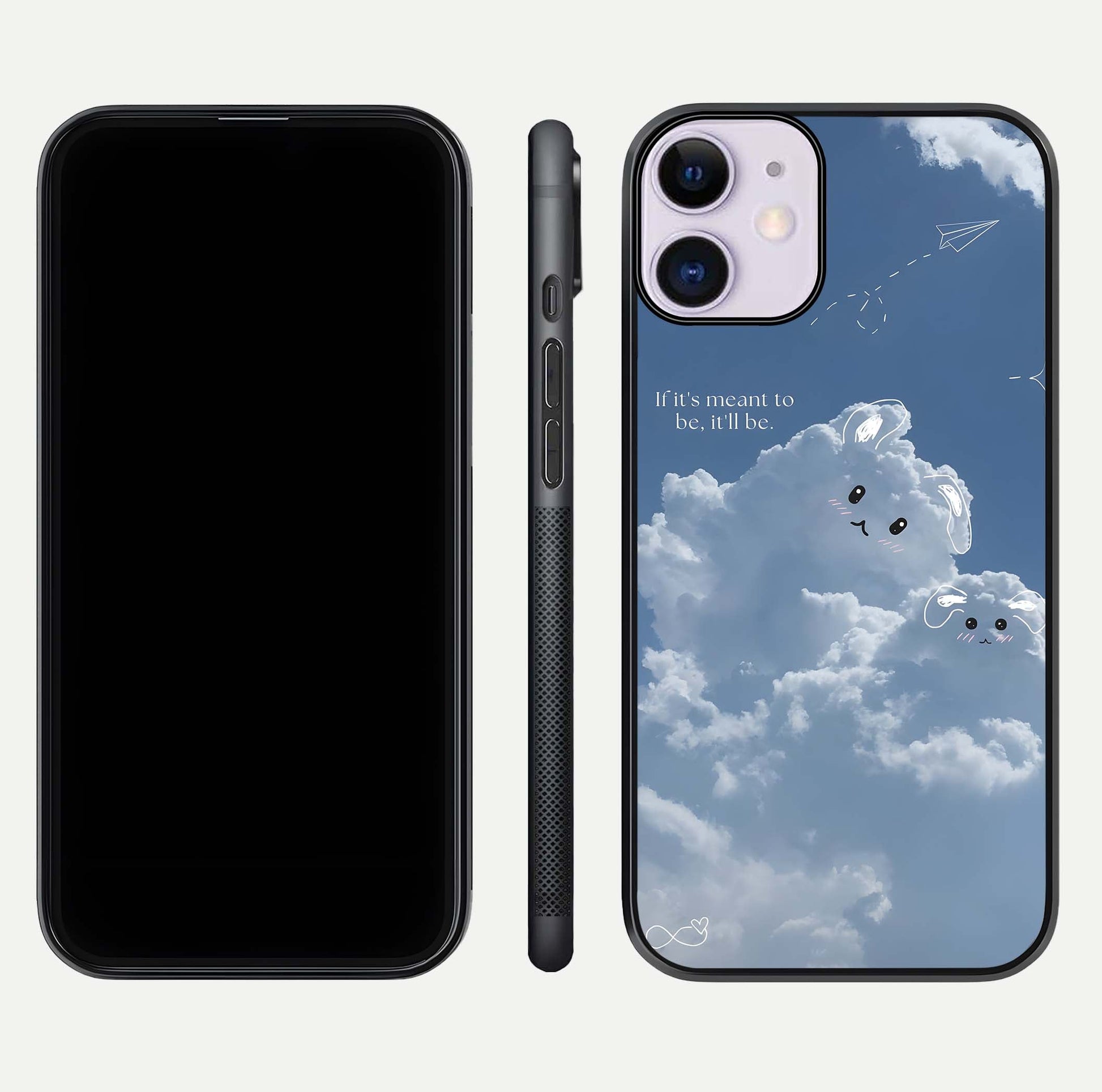 Cloud Bunny Dreams Glass Case for iPhone 11 dual-view layout displaying aesthetic tones and smooth polish