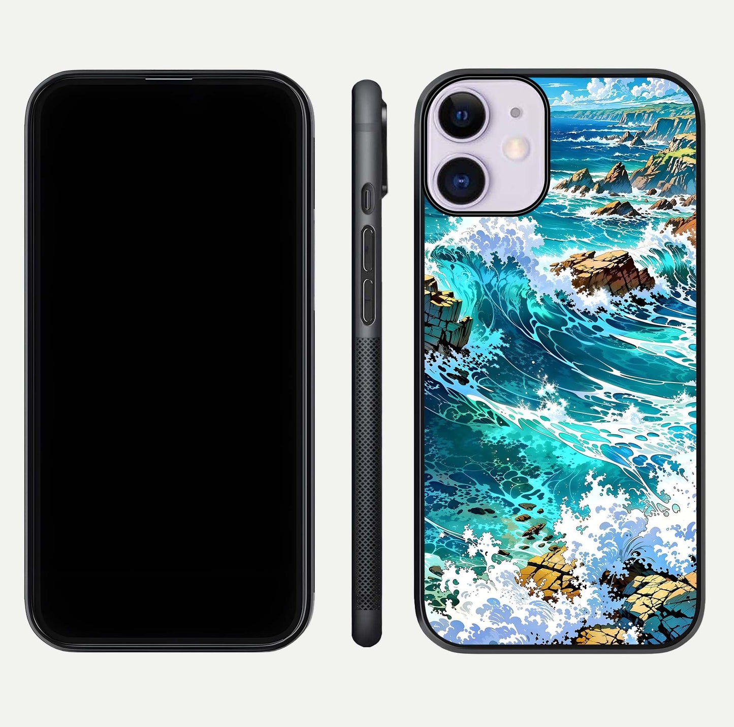 Coastal Blue Waves Glass Case for iPhone 11 dual-view layout displaying sea tones and curved finish
