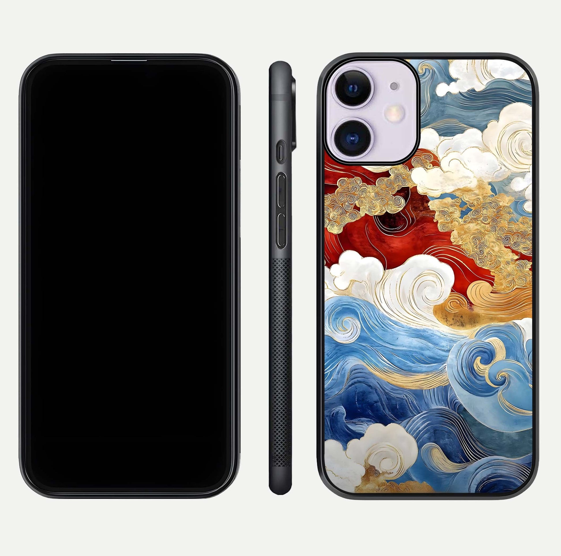 Colored Waves Glass Case for iPhone 11 front & back layout showing smooth edges and vivid print tones
