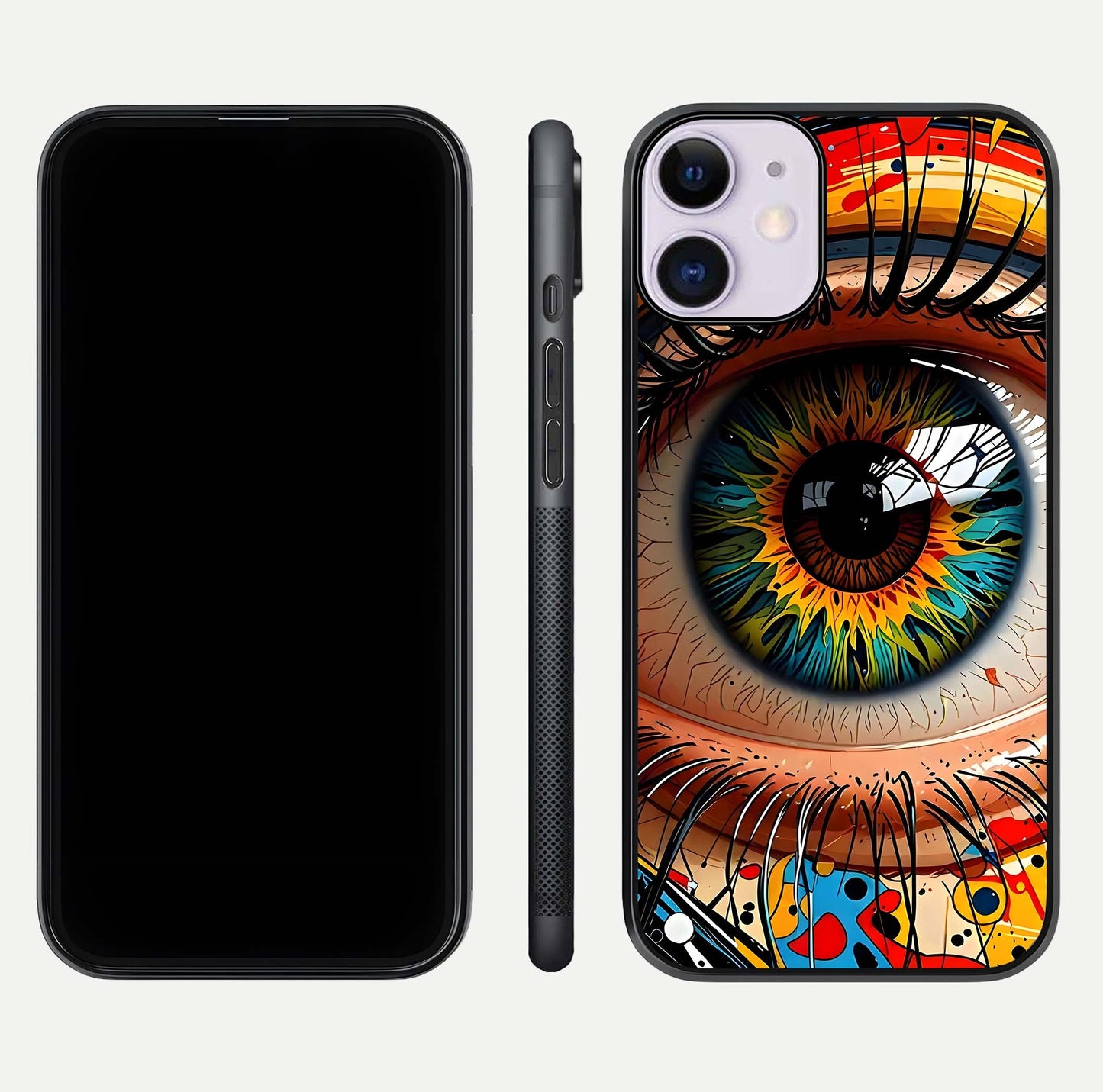 Colorful Eye Glass Case for iPhone 11 dual-view layout displaying vivid tones and smooth glass edges