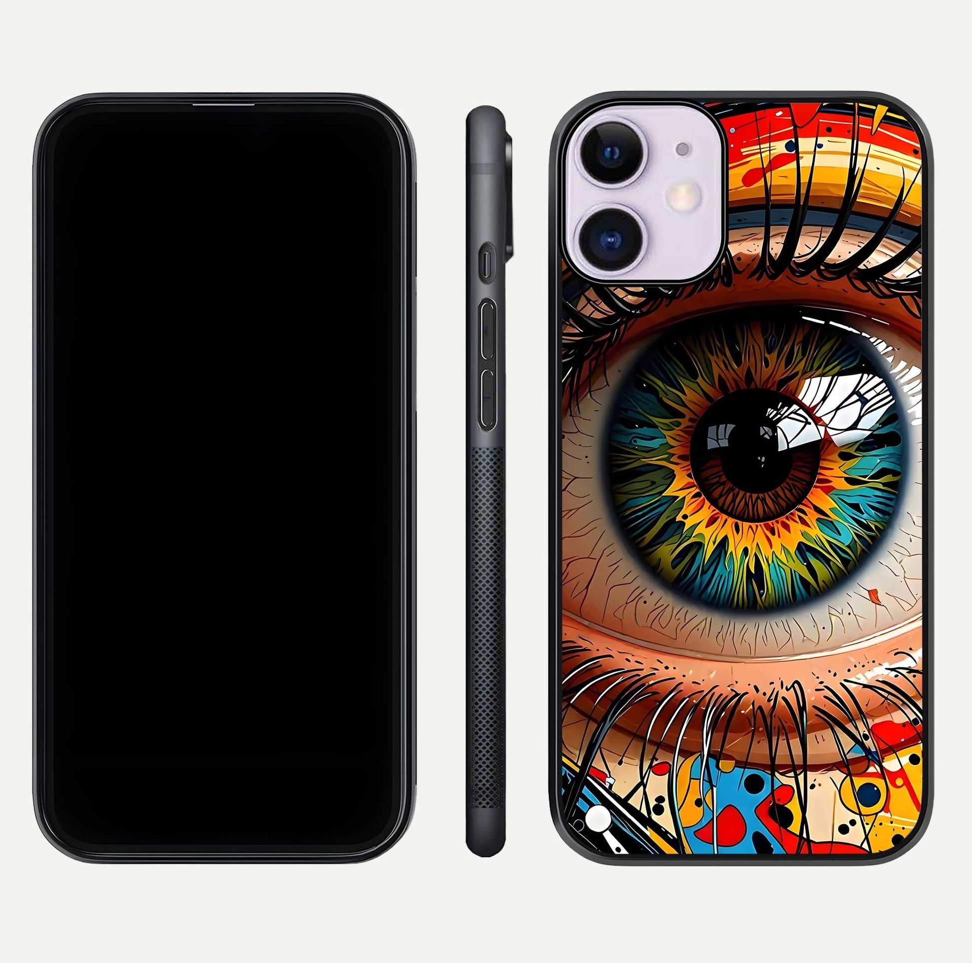 Colorful Eye Glass Case for iPhone 11 dual-view layout displaying vivid tones and smooth glass edges