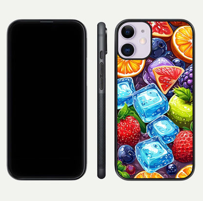 Colorful Fruits with Ice Glass Case for iPhone 11 dual-view layout showing fresh tones and polished edges