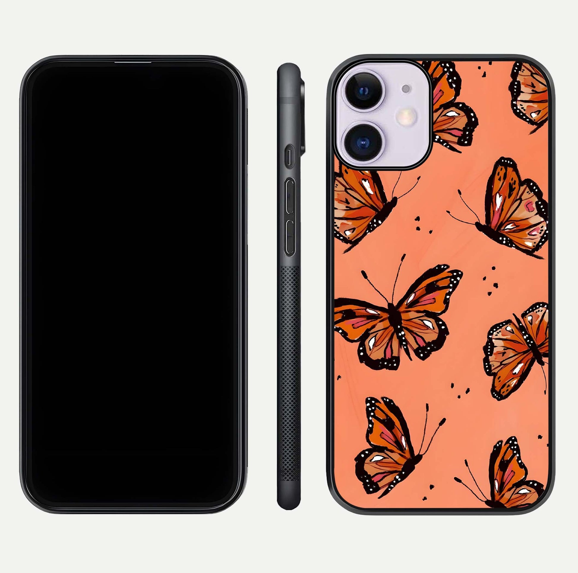 Coral Wing Butterfly Glass Case for iPhone 11 dual-view layout displaying soft floral tones and curved edges