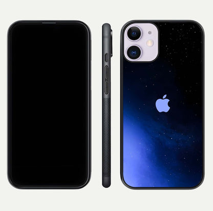 Cosmic Blue Apple Glass Case for iPhone 11 dual-view layout displaying cosmic tones and glass edges