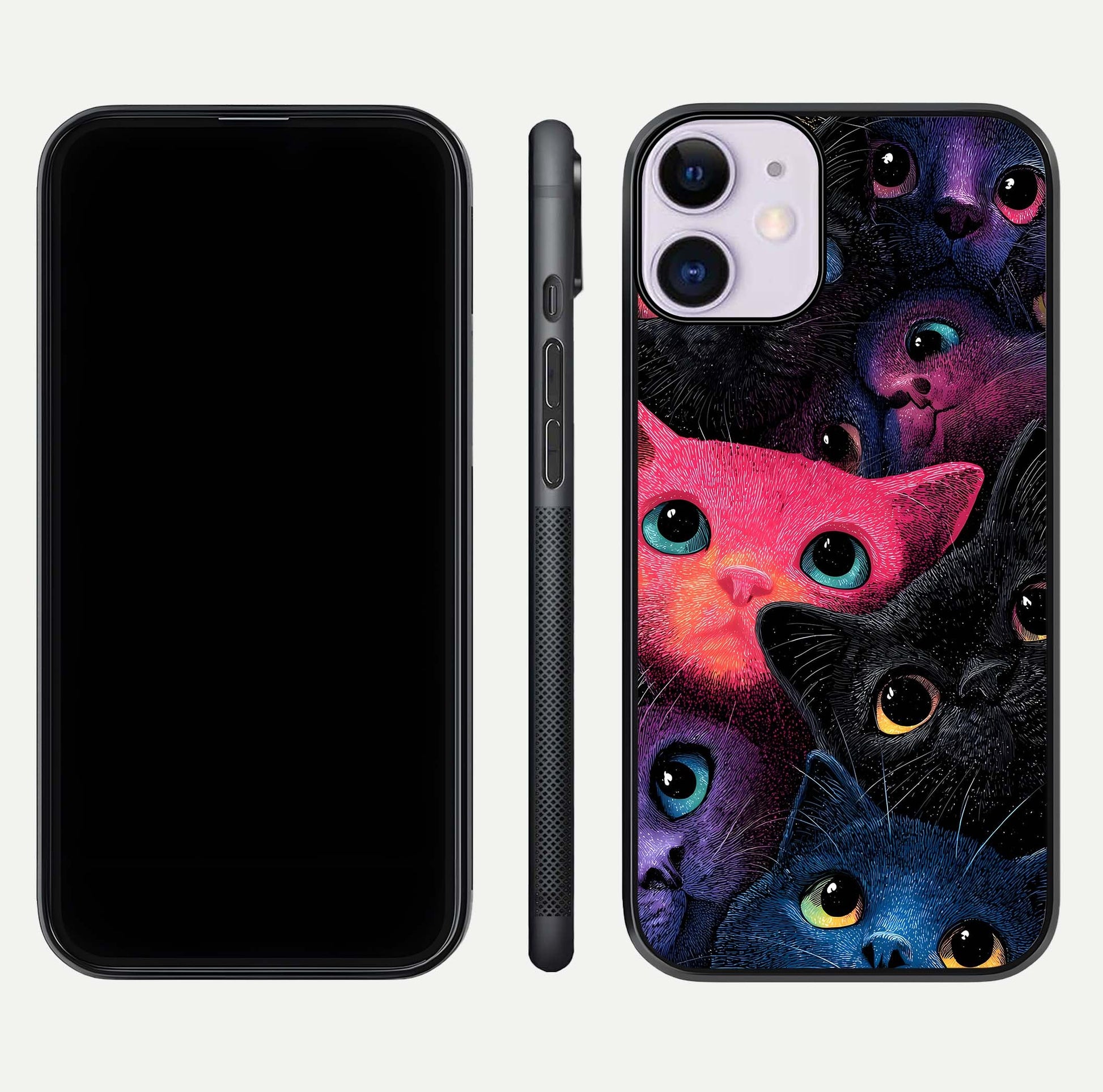 Cosmic Cats Dreams Glass Case for iPhone 11 dual-view layout displaying HD print and glossy shine