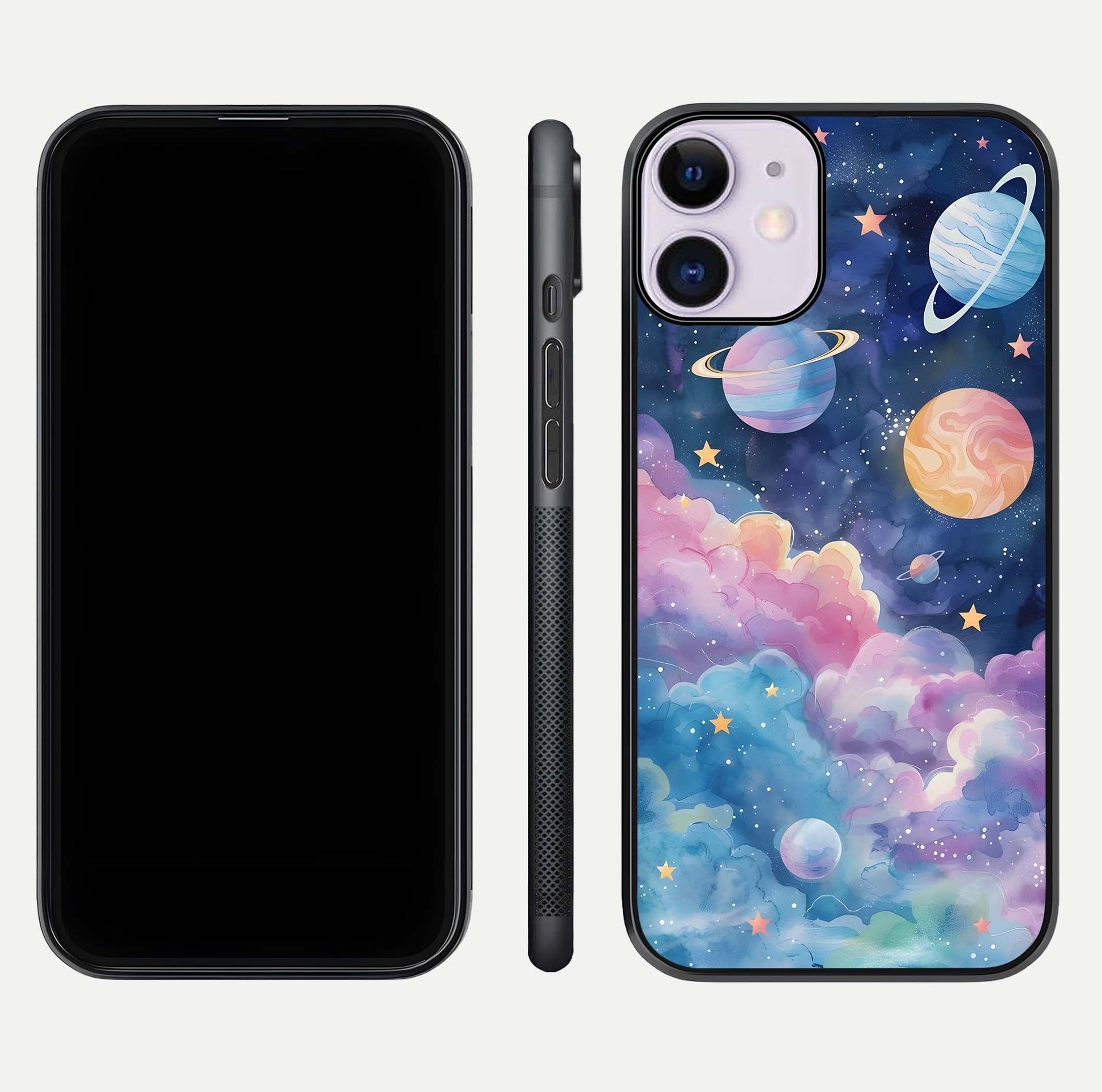 Cosmic Planet Dreams Glass Case for iPhone 11 dual-view layout displaying galaxy colors and curved finish