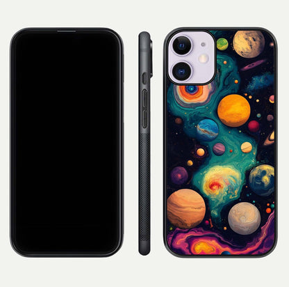 Cosmic Planet Journey Glass Case for iPhone 11 dual-view layout displaying colorful cosmic balance