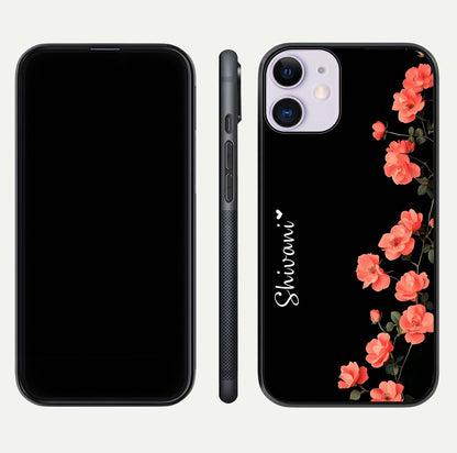 Crimson Bloom Grace Custom Name Glass Case for iPhone 11 dual-view layout displaying custom text and smooth curved edges