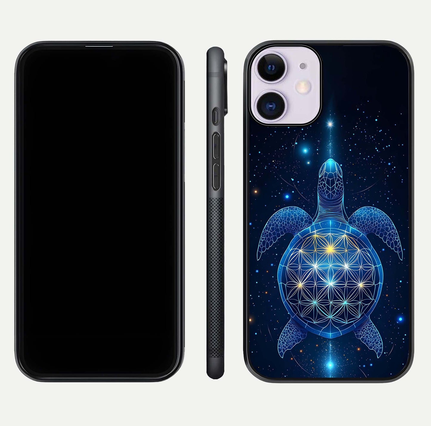 Crimson Blue Turtle Glass Case for iPhone 11 dual-view layout displaying ocean tones and HD finish